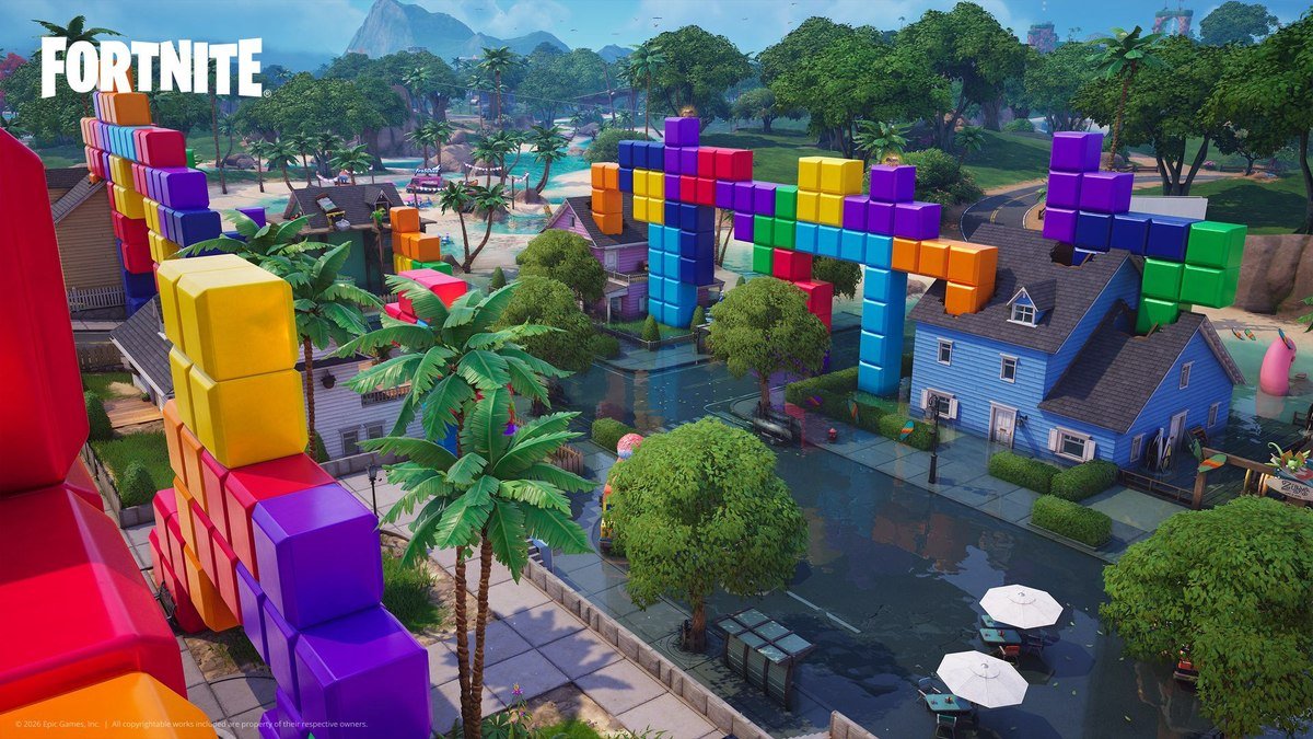 Fortnite Override screenshot of giant Tetris blocks stacked over houses in a seaside town