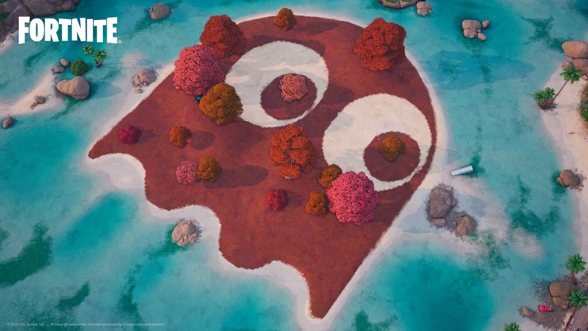 Fortnite Override screenshot of an island shaped like a Pac-Man ghost, seen from above