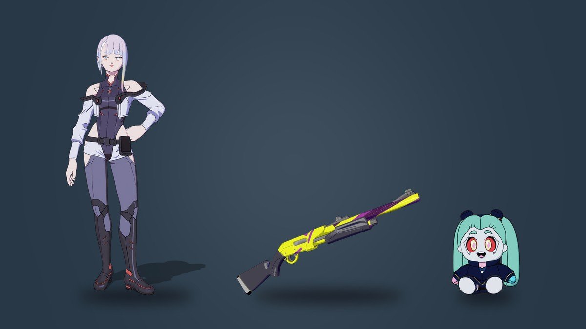 Fortnite Lucyna Kushinada outfit beside the Edgerunner Glitch wrap and the Rebecca Plushie