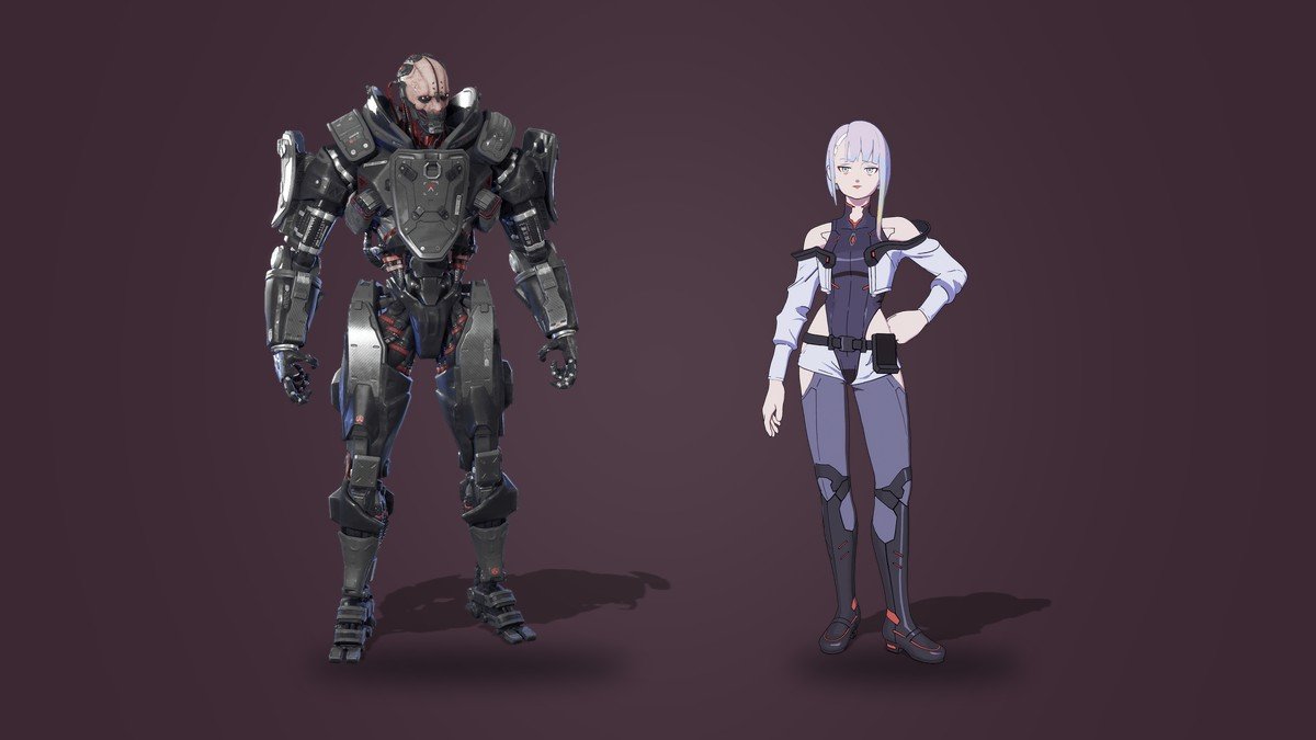 Fortnite Adam Smasher outfit next to Lucyna Kushinada