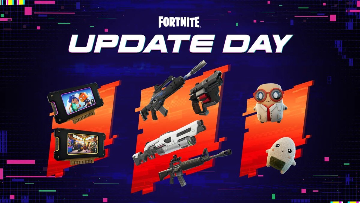 Fortnite Update Day artwork showing new weapons and the X-Ray and Onigiri Sprites