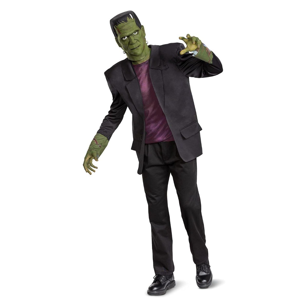 Disguise Frankenstein costume for men with green monster mask and neck bolts