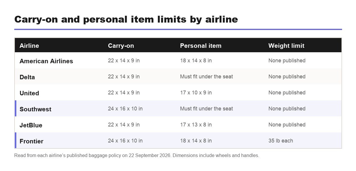 Carry-on bag size limits by US airline