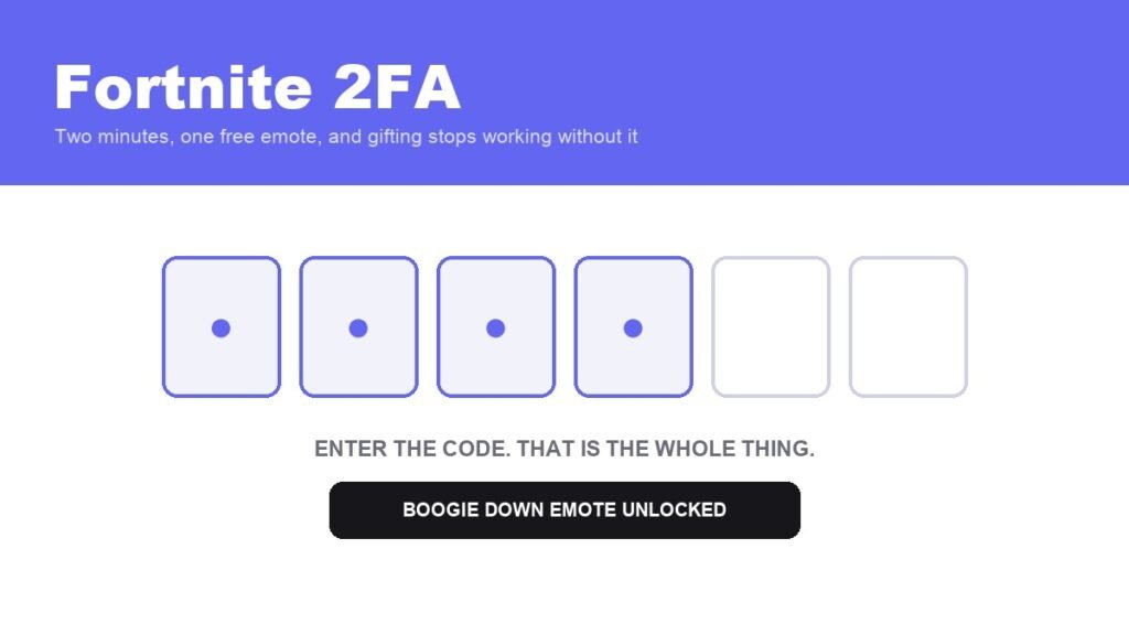 Fortnite 2FA shown as a six digit code entry