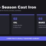How to season cast iron, shown as three steps: wash, oil, bake