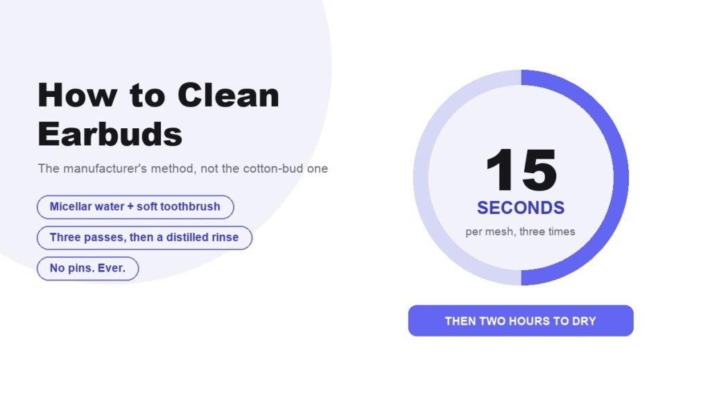 How to clean earbuds, shown with a fifteen second timer dial