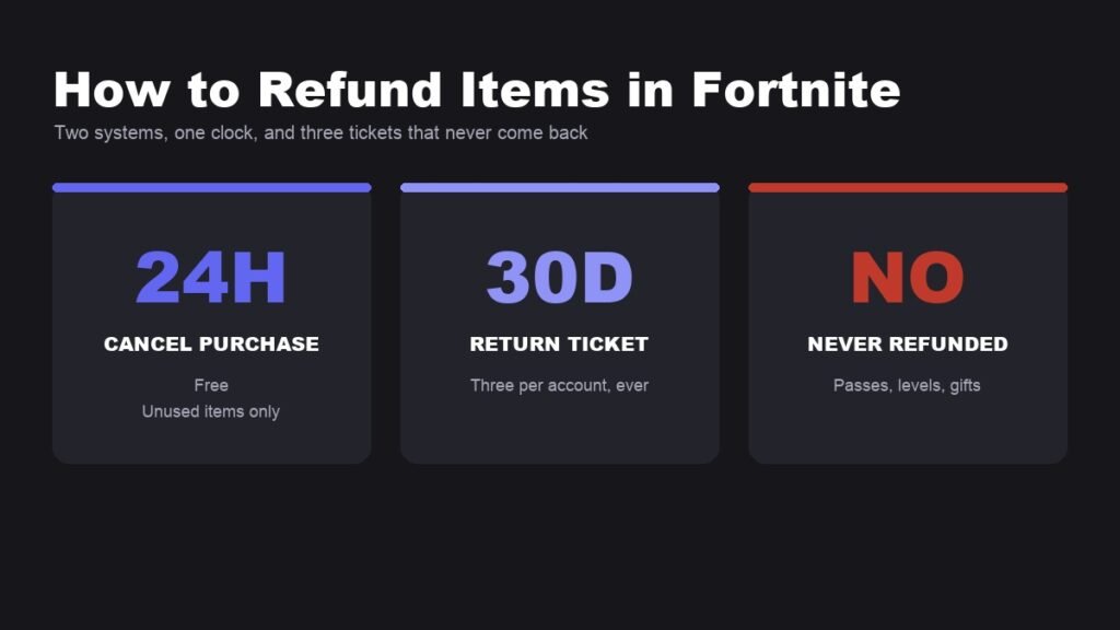 How to refund items in Fortnite, shown as three refund outcomes