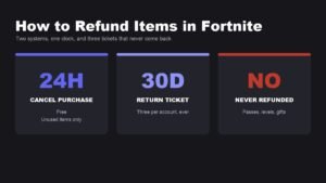 How to refund items in Fortnite, shown as three refund outcomes