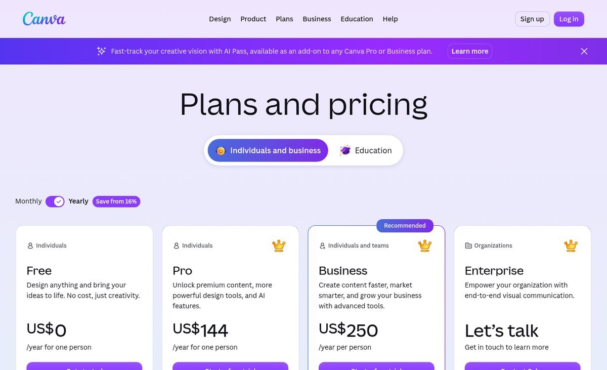 Canva plans and pricing page