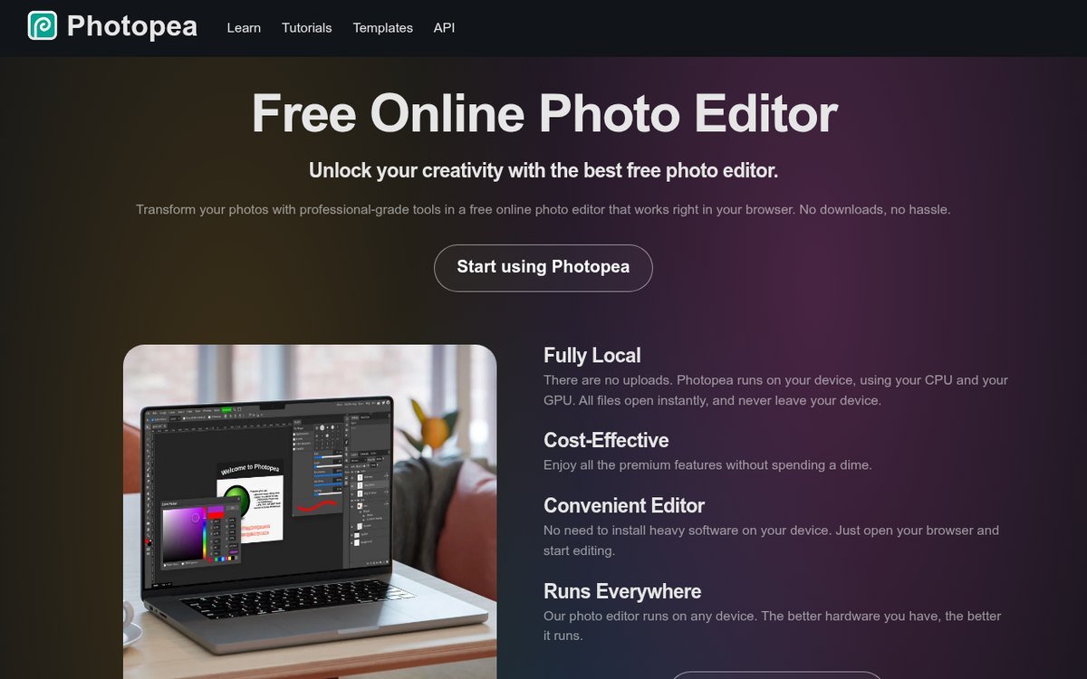 Photopea browser-based photo editor interface