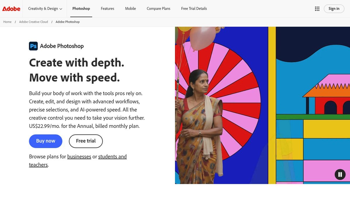 Adobe Photoshop product page and pricing