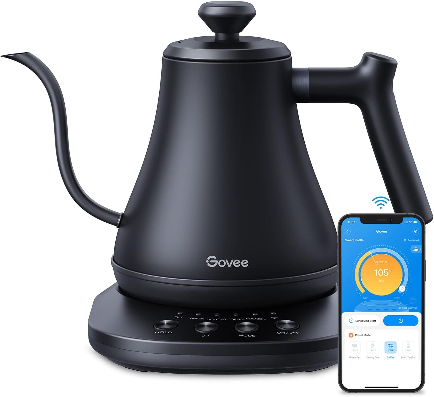 Govee smart gooseneck electric kettle in black beside a phone showing the control app
