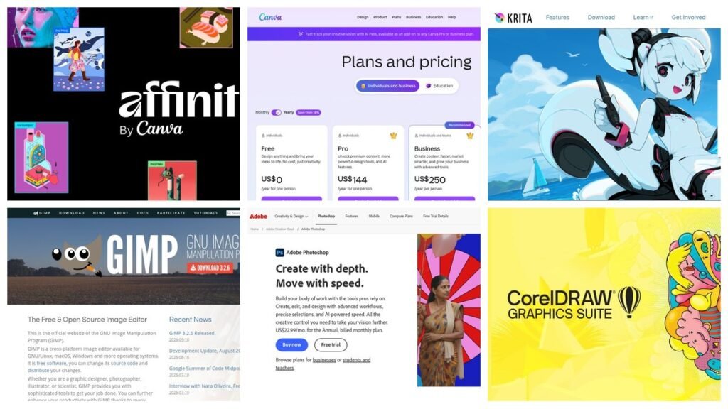 Graphic design programs compared including Affinity, Canva, Krita, GIMP, Photoshop and CorelDRAW