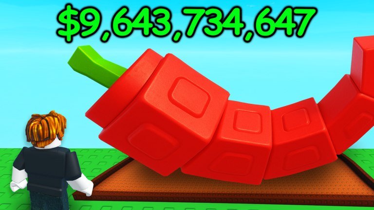 Grow a Garden artwork of a player standing beside a giant red chili pepper under a huge cash total