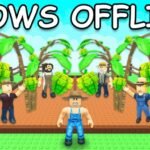 Grow a Garden artwork of farmers among palm and fruit plants on a fenced garden plot under a Grows Offline banner