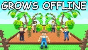 Grow a Garden artwork of farmers among palm and fruit plants on a fenced garden plot under a Grows Offline banner