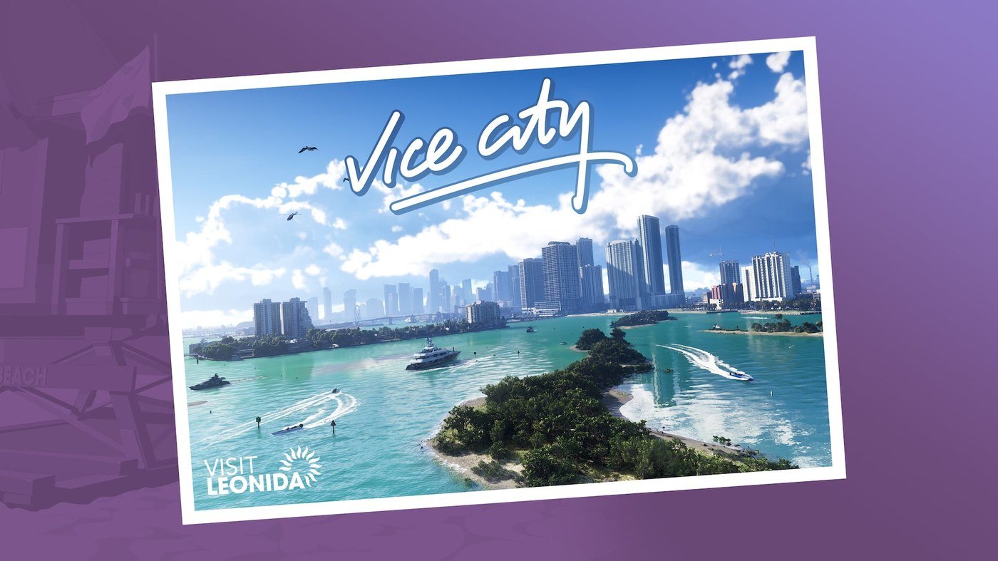 Official Grand Theft Auto VI Vice City postcard artwork with the Visit Leonida slogan