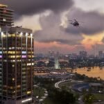 Vice City skyline at dusk with a helicopter over the water in Grand Theft Auto VI