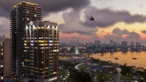 Vice City skyline at dusk with a helicopter over the water in Grand Theft Auto VI