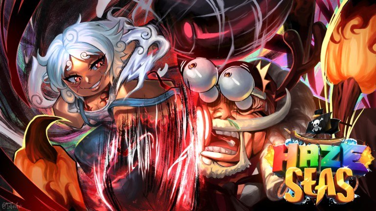 Haze Seas banner art showing two pirate characters against a red and purple sky beside the game logo