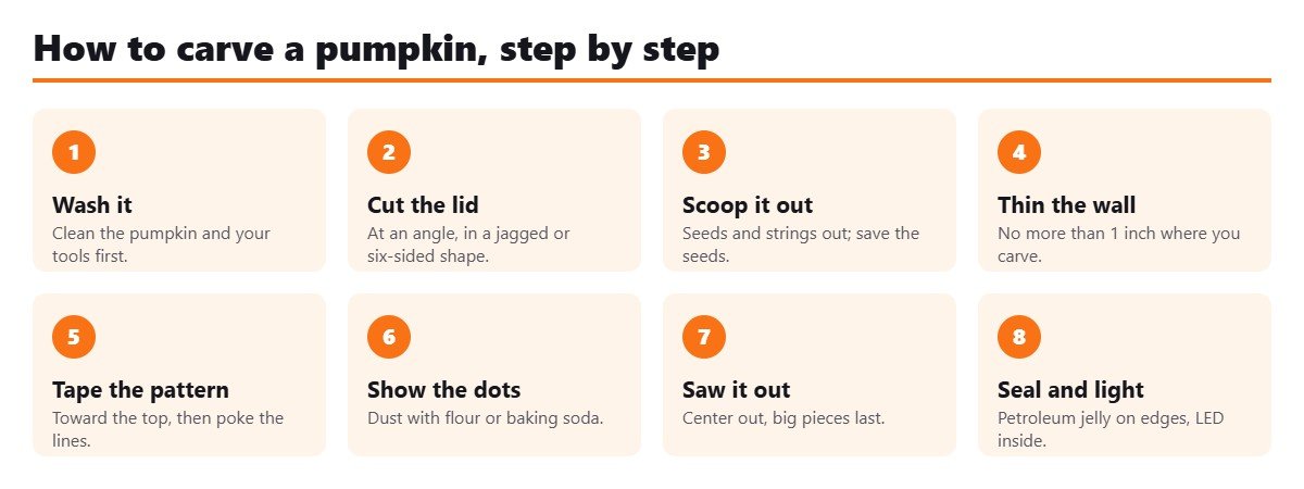 How to carve a pumpkin in eight steps, from washing it to lighting it