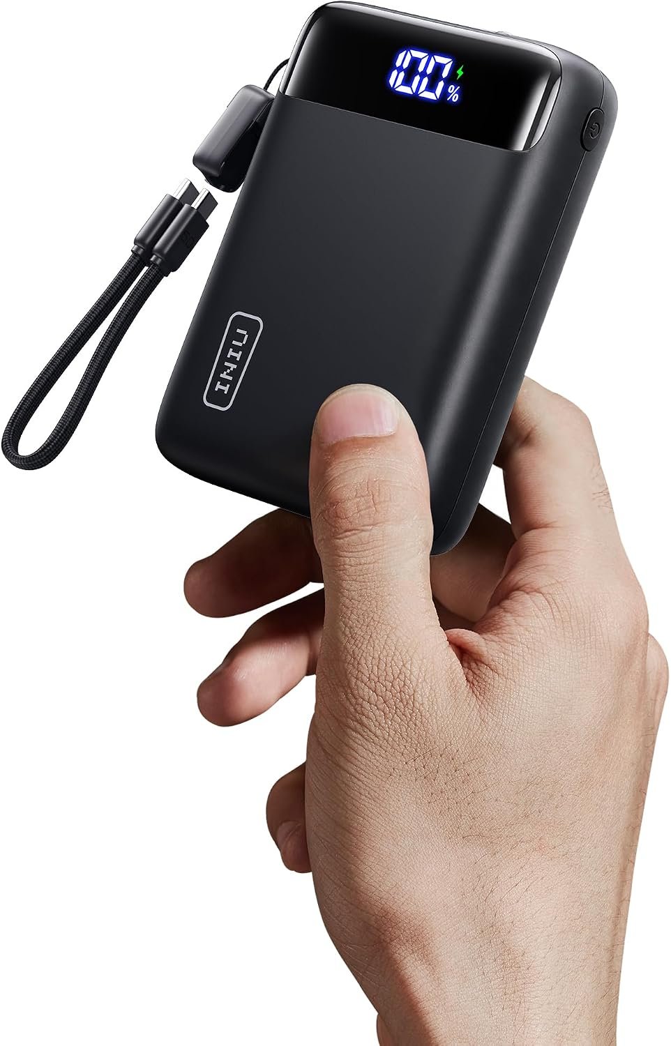 INIU 20,000mAh 22.5W power bank with USB-C lanyard cable held in one hand