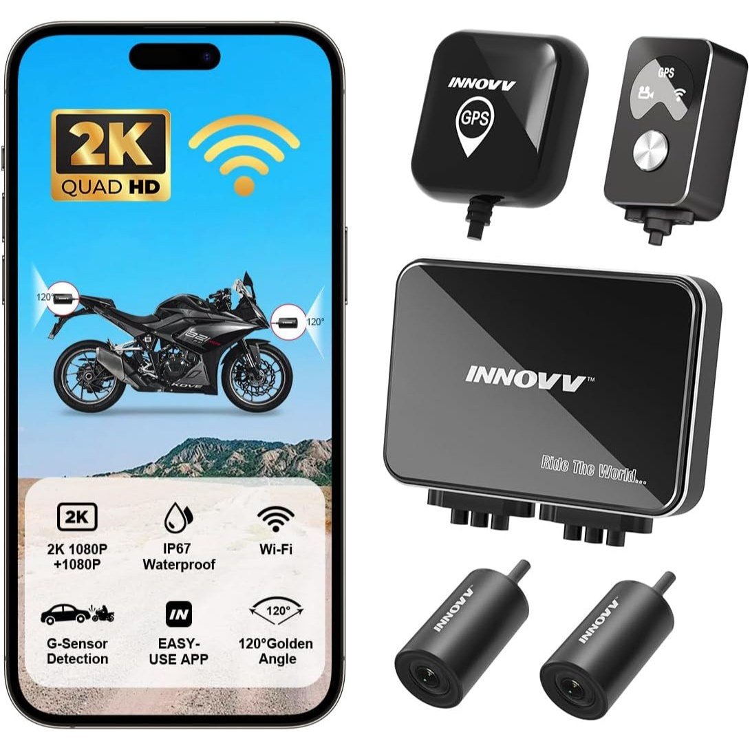 INNOVV K7 motorcycle dash cam with its two waterproof cameras, DVR and remote