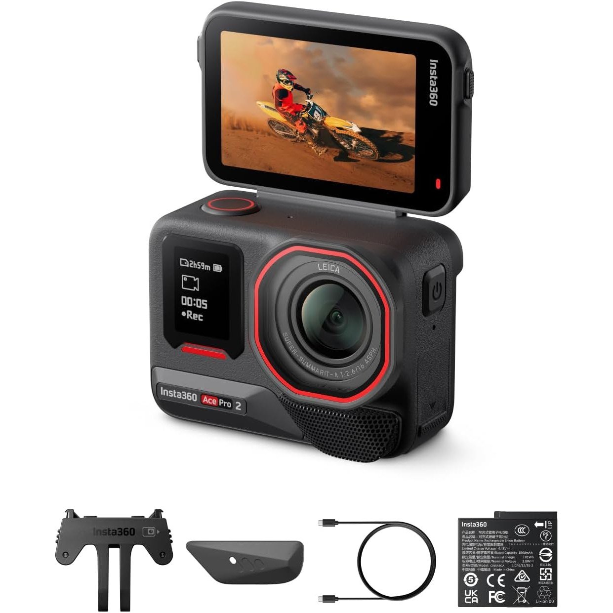 Insta360 Ace Pro 2 action camera with its flip-up screen raised