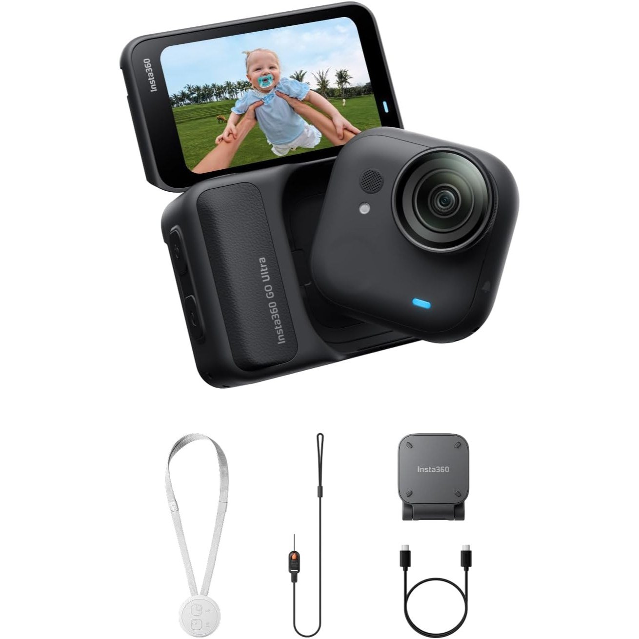 Insta360 GO Ultra tiny magnetic camera next to its Action Pod