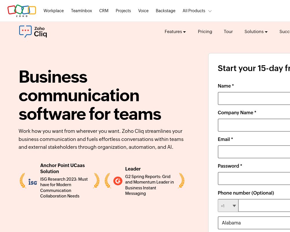 Zoho Cliq business communication software home page