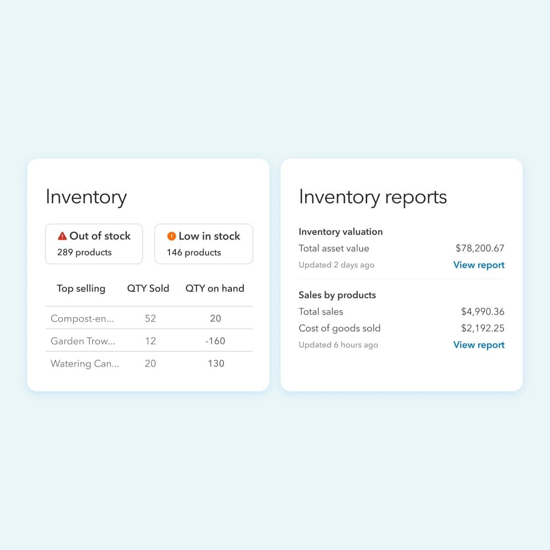 QuickBooks Online inventory valuation and inventory reports panel