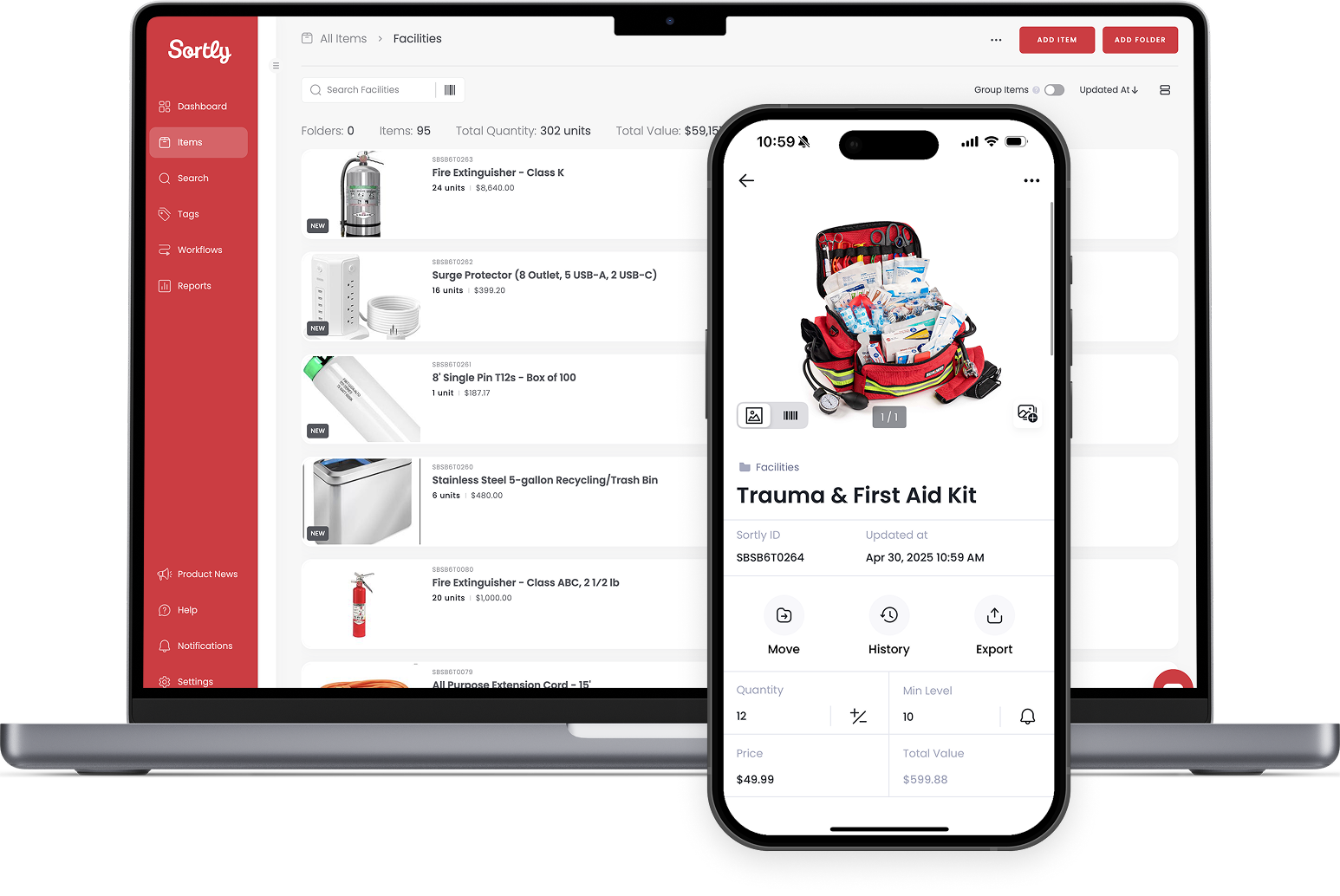 Sortly inventory app shown on a laptop and a phone