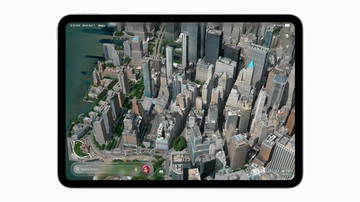 iPad showing a Flyover view in Apple Maps on iPadOS 27