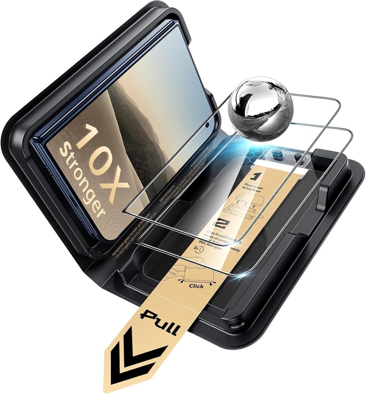 ESR Armorite Pro screen protector for iPhone Duo in its application tray