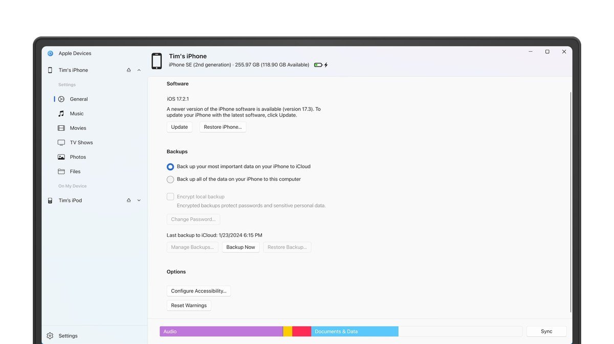 Apple Devices app for Windows showing iPhone software, backup and sync options