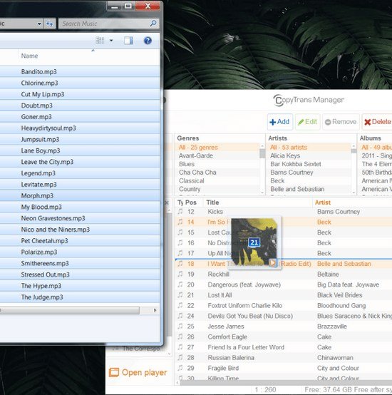 CopyTrans Manager window listing iPhone tracks by genre, artist and album