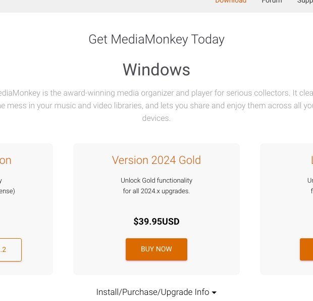 MediaMonkey download page listing the free Standard version, 2024 Gold and Lifetime Gold
