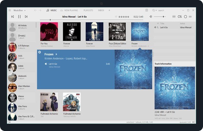 MusicBee library view with artist list, album covers and track information