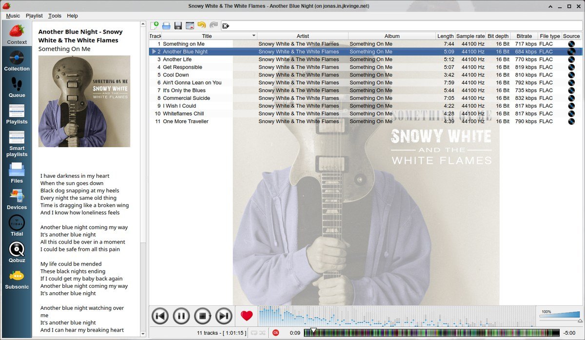 Strawberry music player playing an album with lyrics shown in the side panel