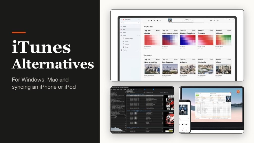 iTunes alternatives headline beside Apple Music for Windows, foobar2000 and CopyTrans Manager windows