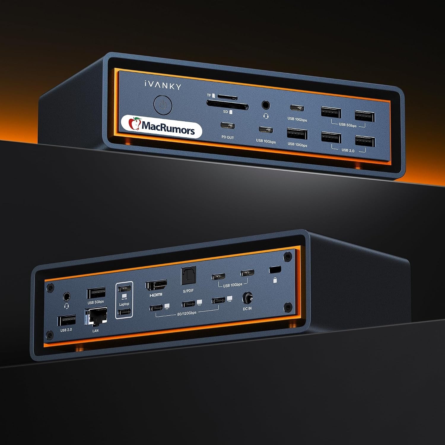 iVanky FusionDock Max 2 Thunderbolt 5 dock in dark grey, front and rear views