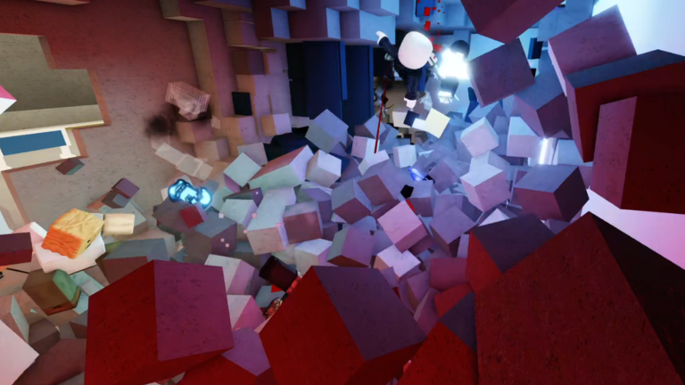 A Jujutsu Shenanigans arena breaking apart into debris as a white-haired fighter attacks