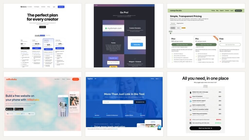 Six Linktree alternatives shown side by side