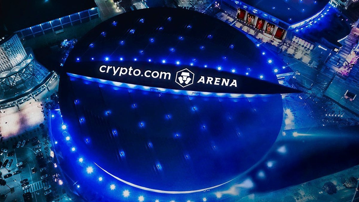 Crypto.com Arena roof lit up at night in Los Angeles, home of the Lakers