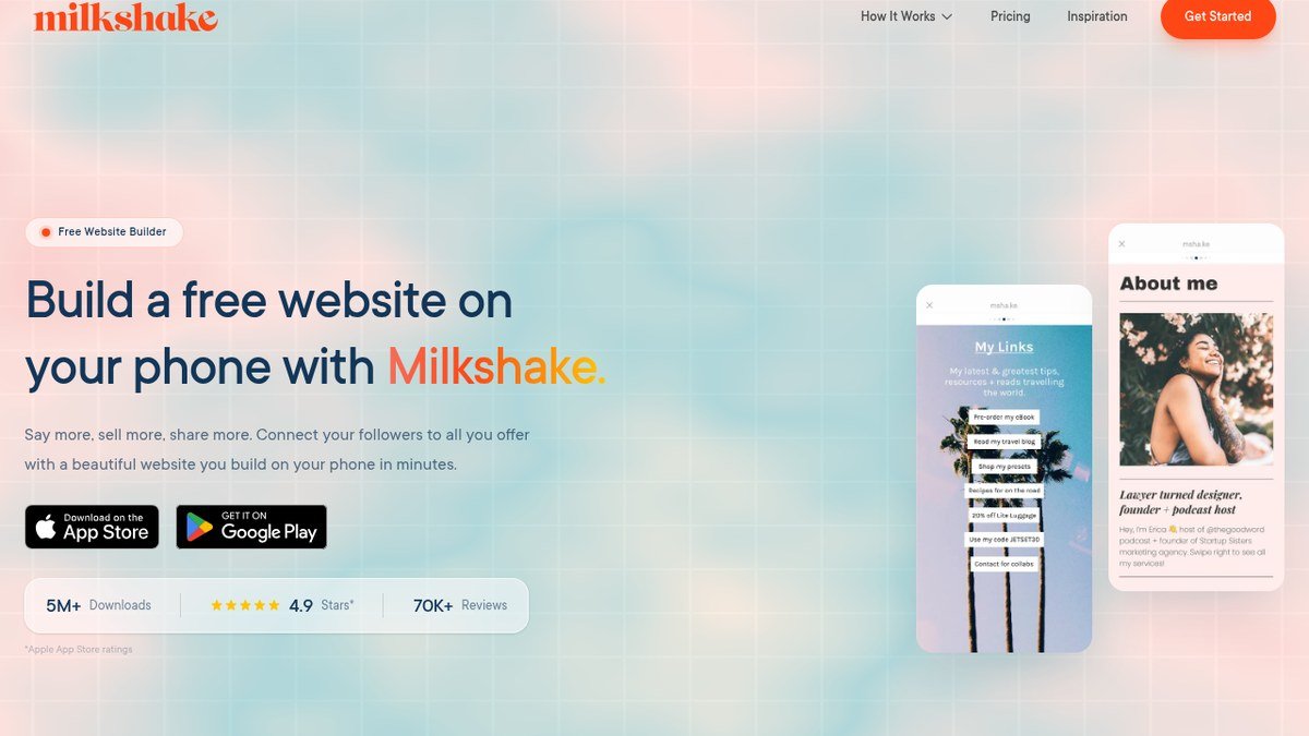 Milkshake home page showing a free phone-based website builder