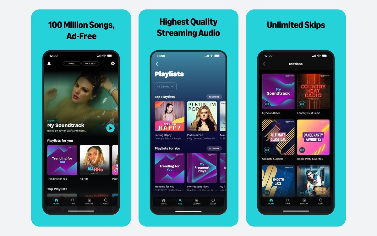 Amazon Music iPhone app screens showing the home feed, playlists and stations