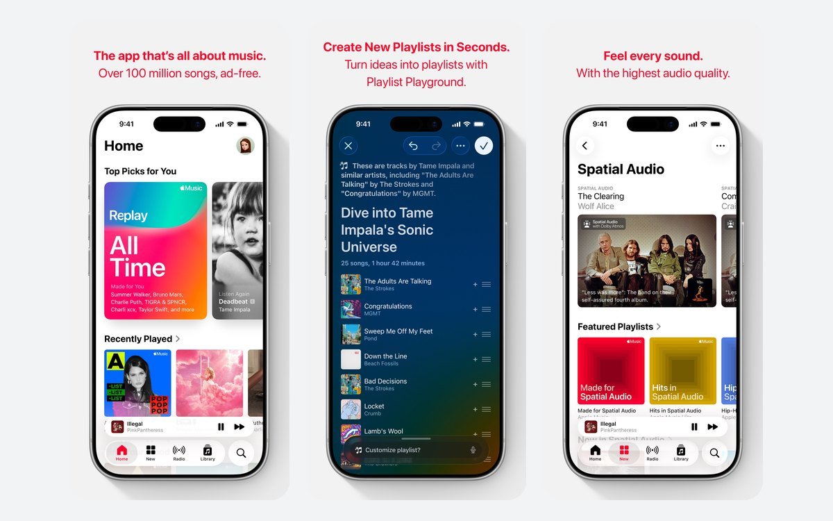 Apple Music iPhone app screens showing Home, a playlist and the Spatial Audio section