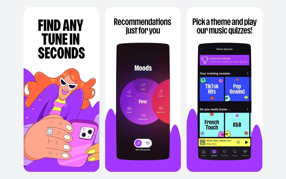 Deezer iPhone app screens showing SongCatcher, Flow moods and music quizzes