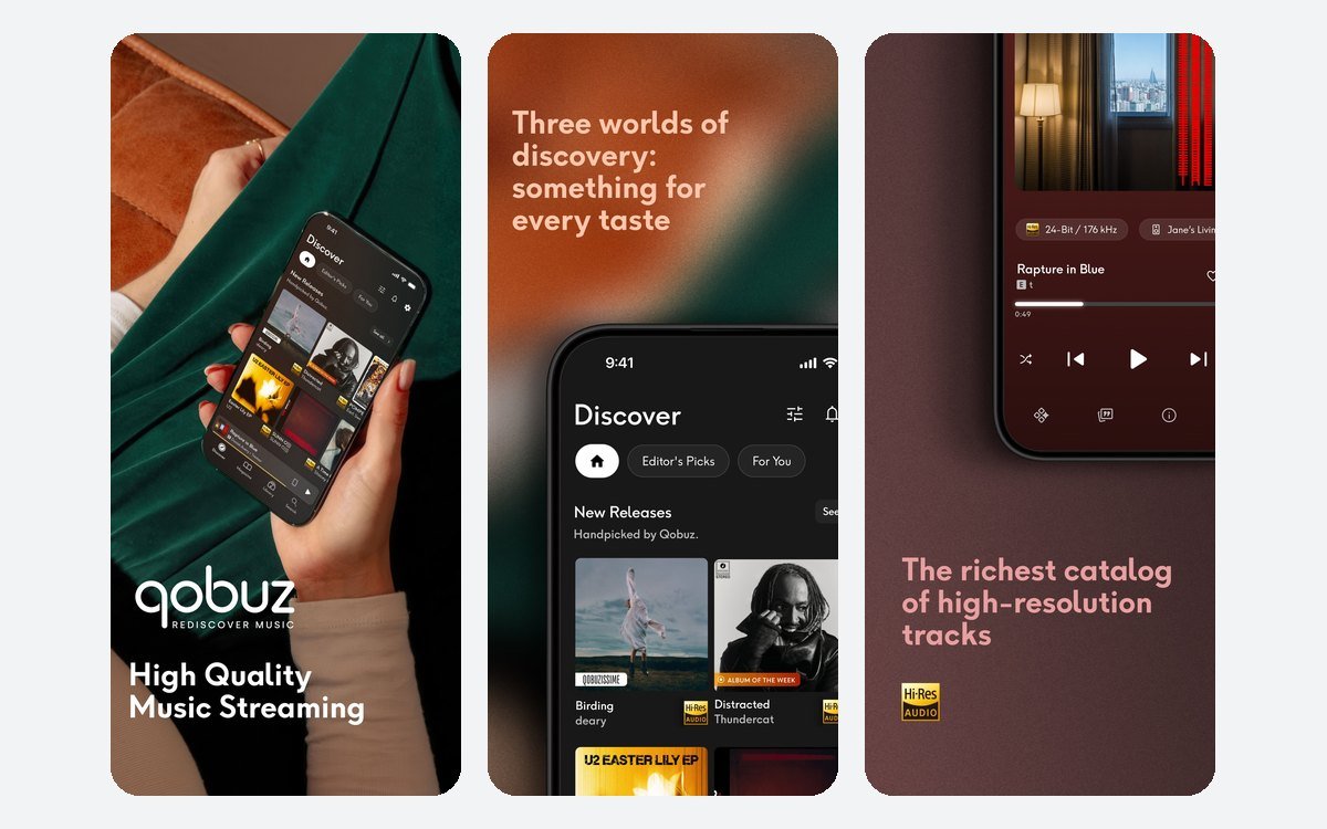 Qobuz iPhone app screens showing the discovery tab and the hi-res player