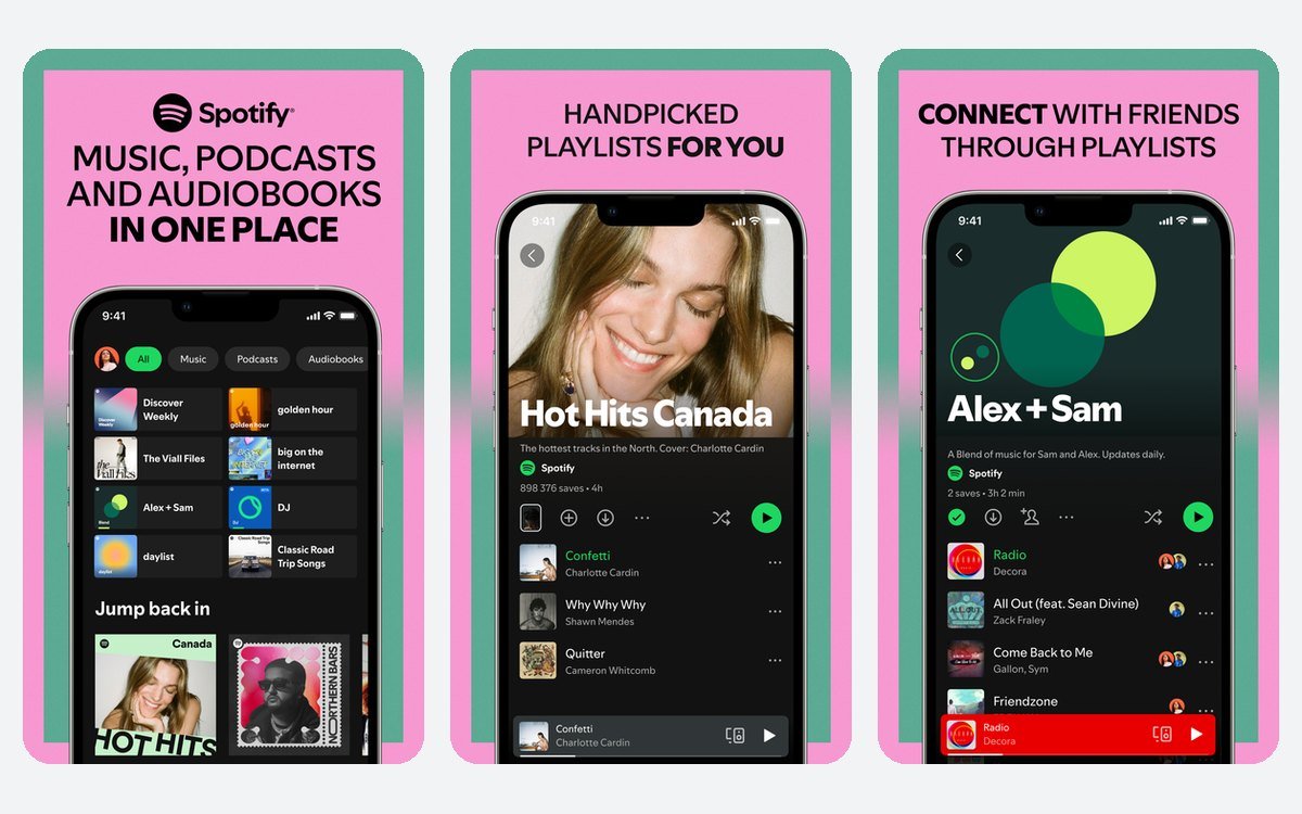 Spotify iPhone app screens showing the home feed, a curated playlist and a shared Blend playlist